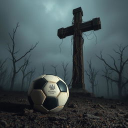 An eerie scene featuring a soccer ball placed on the ground next to a large, ominous cross