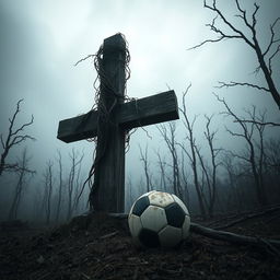 An eerie scene featuring a soccer ball placed on the ground next to a large, ominous cross