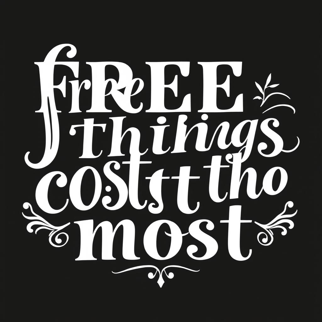 A monochrome lettering design for the phrase "free things cost the most"