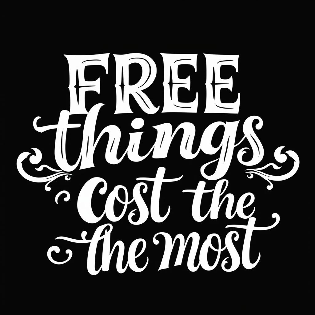 A monochrome lettering design for the phrase "free things cost the most"