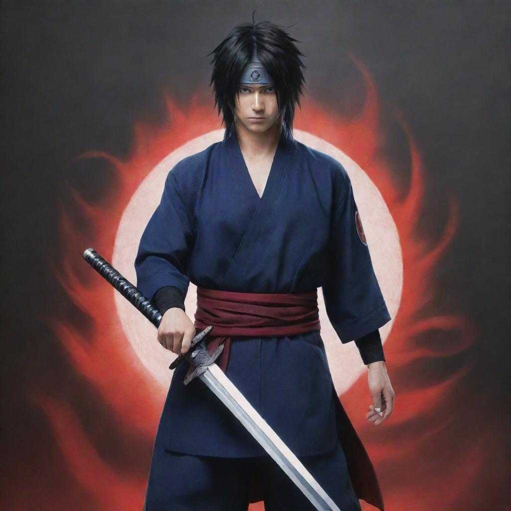 Sasuke Uchiha from Naruto, portrayed in his signature attire, brandishing his sword. His Sharingan eyes alert and fierce, an aura of his chakra surrounding him dramatizing the scene.