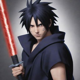 Sasuke Uchiha from Naruto, portrayed in his signature attire, brandishing his sword. His Sharingan eyes alert and fierce, an aura of his chakra surrounding him dramatizing the scene.