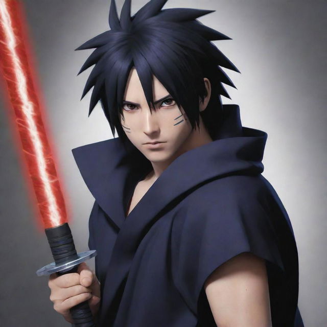 Sasuke Uchiha from Naruto, portrayed in his signature attire, brandishing his sword. His Sharingan eyes alert and fierce, an aura of his chakra surrounding him dramatizing the scene.