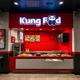 A modern and stylish Asian takeout restaurant designed for takeaway, named 'Kung Food', prominently displayed with a sleek logo