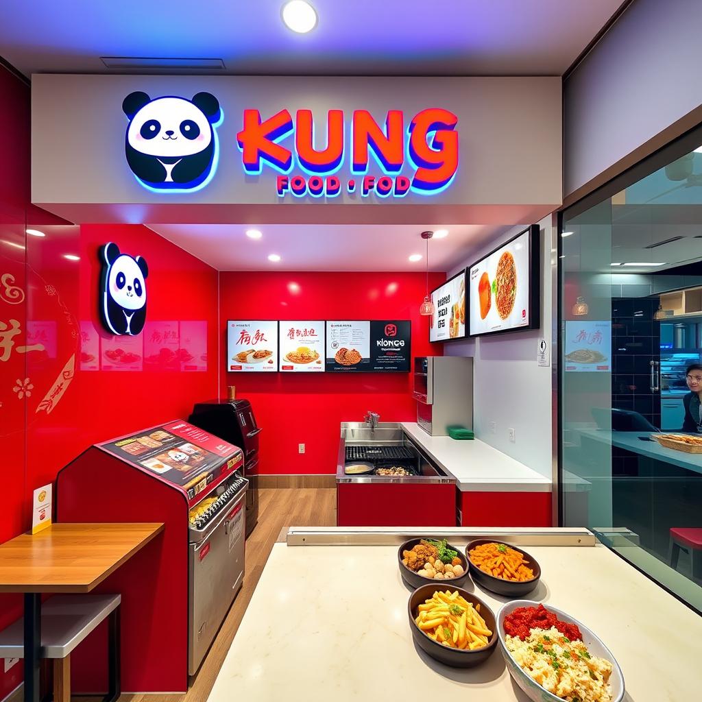 A modern and stylish Asian takeout restaurant designed for takeaway, named 'Kung Food', prominently displayed with a sleek logo