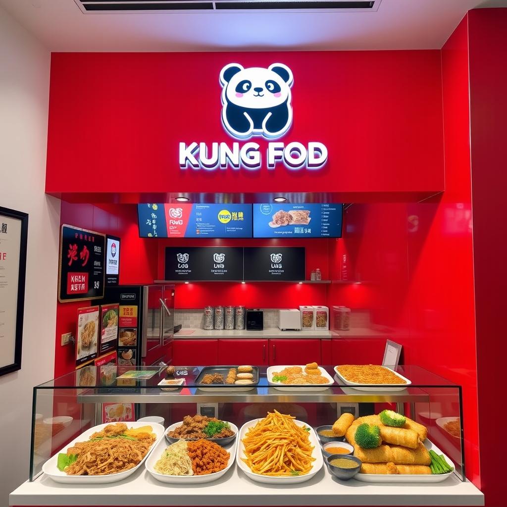 A modern and stylish Asian takeout restaurant designed for takeaway, named 'Kung Food', prominently displayed with a sleek logo