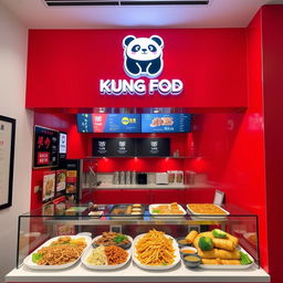 A modern and stylish Asian takeout restaurant designed for takeaway, named 'Kung Food', prominently displayed with a sleek logo