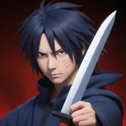 Sasuke Uchiha from Naruto, portrayed in his signature attire, brandishing his sword. His Sharingan eyes alert and fierce, an aura of his chakra surrounding him dramatizing the scene.