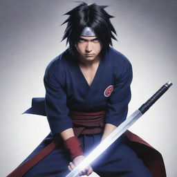 Sasuke Uchiha from Naruto, portrayed in his signature attire, brandishing his sword. His Sharingan eyes alert and fierce, an aura of his chakra surrounding him dramatizing the scene.