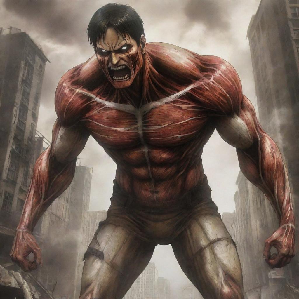 The Attack Titan from Attack on Titan, a towering figure roaring amidst a destroyed cityscape, muscles rippling and eyes glowing fiercely, symbolizing the fight for freedom in the anime series.