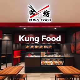 A modern and stylish Asian takeout restaurant designed for takeaway, named 'Kung Food' with a logo that creatively combines the text with chopsticks