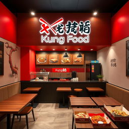 A modern and stylish Asian takeout restaurant designed for takeaway, named 'Kung Food' with a logo that creatively combines the text with chopsticks