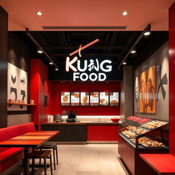 A modern and stylish Asian takeout restaurant designed for takeaway, named 'Kung Food' with a logo that creatively combines the text with chopsticks