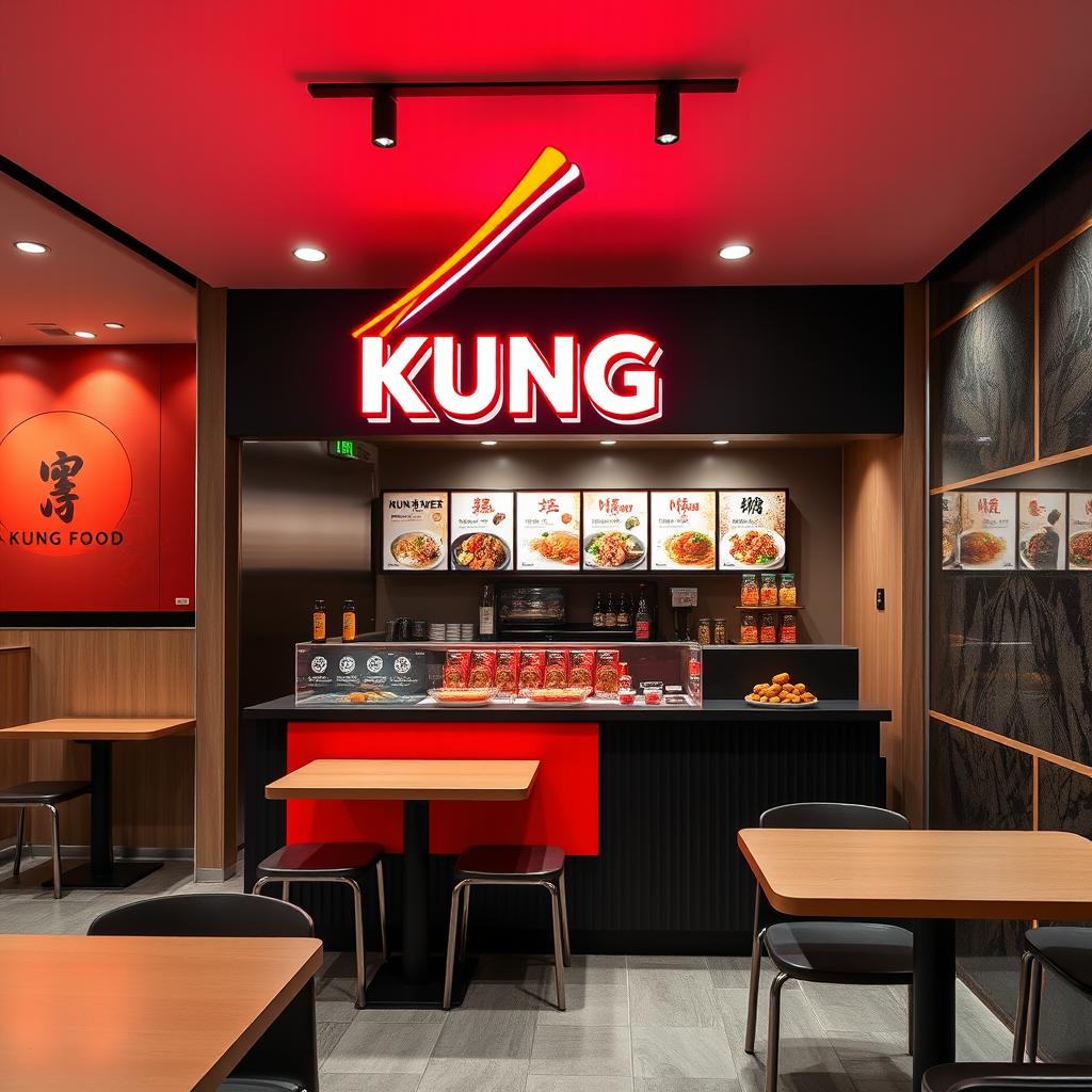 A modern and stylish Asian takeout restaurant designed for takeaway, named 'Kung Food' with a logo that creatively combines the text with chopsticks