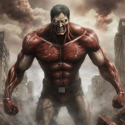 The Attack Titan from Attack on Titan, a towering figure roaring amidst a destroyed cityscape, muscles rippling and eyes glowing fiercely, symbolizing the fight for freedom in the anime series.