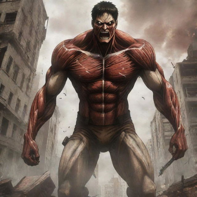 The Attack Titan from Attack on Titan, a towering figure roaring amidst a destroyed cityscape, muscles rippling and eyes glowing fiercely, symbolizing the fight for freedom in the anime series.