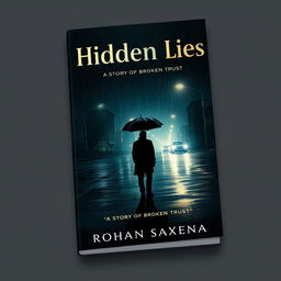 An atmospheric book cover design for 'Hidden Lies: A Story of Broken Trust' by Rohan Saxena