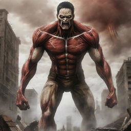 The Attack Titan from Attack on Titan, a towering figure roaring amidst a destroyed cityscape, muscles rippling and eyes glowing fiercely, symbolizing the fight for freedom in the anime series.