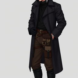 A character wearing a long, dark trench coat with a high collar, over a fitted black shirt