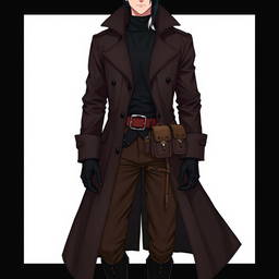 A character wearing a long, dark trench coat with a high collar, over a fitted black shirt