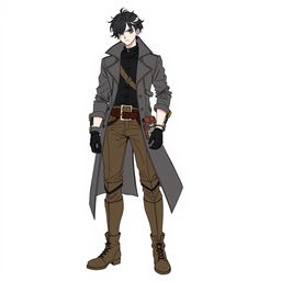 A line art drawing of a character wearing a long, dark trench coat with a high collar, layered over a black shirt