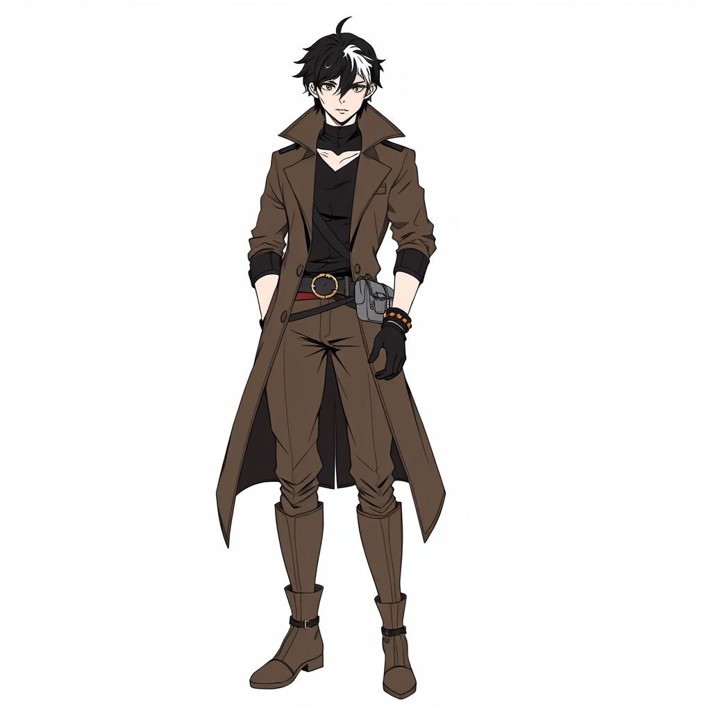 A line art drawing of a character wearing a long, dark trench coat with a high collar, layered over a black shirt