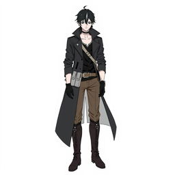 A character depicted in line art, wearing a long dark trench coat with a high collar, layered over a black shirt