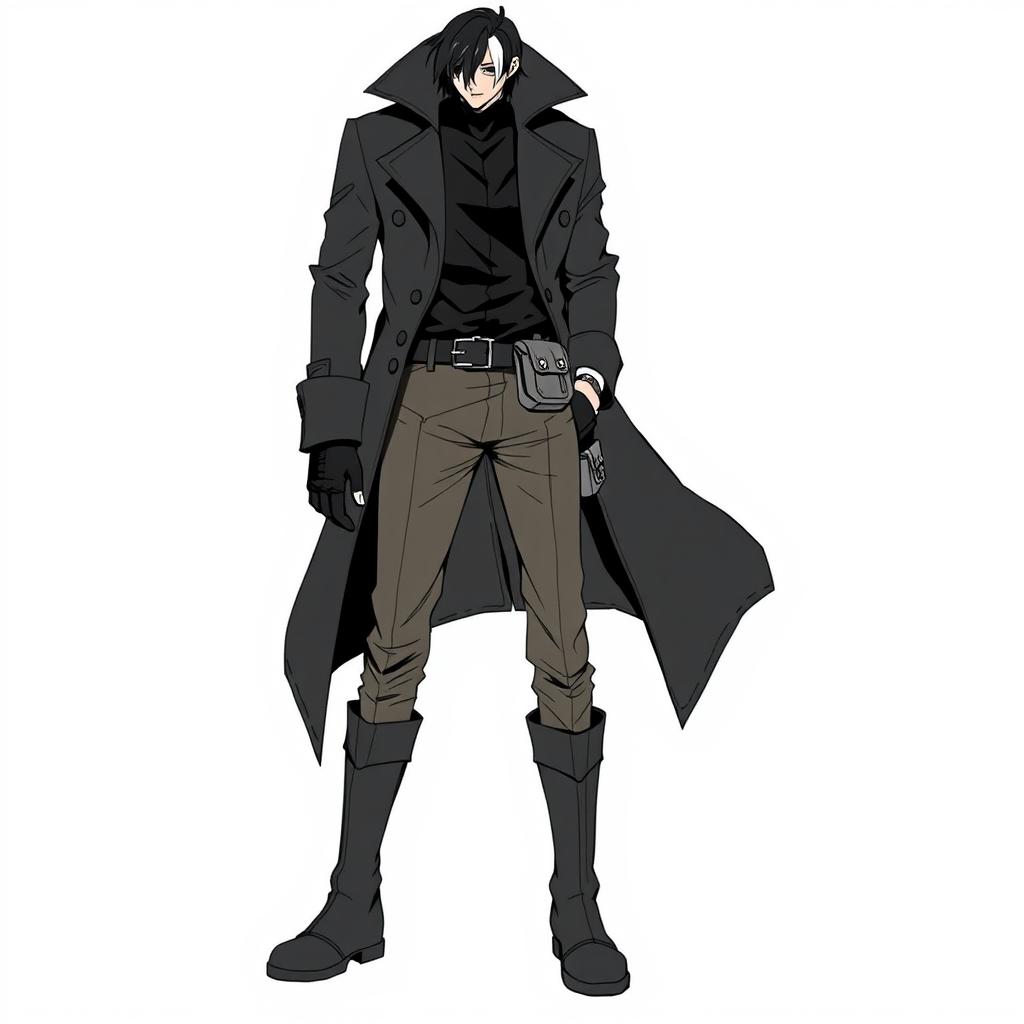 A character depicted in line art, wearing a long dark trench coat with a high collar, layered over a black shirt