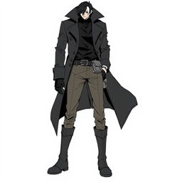 A character depicted in line art, wearing a long dark trench coat with a high collar, layered over a black shirt