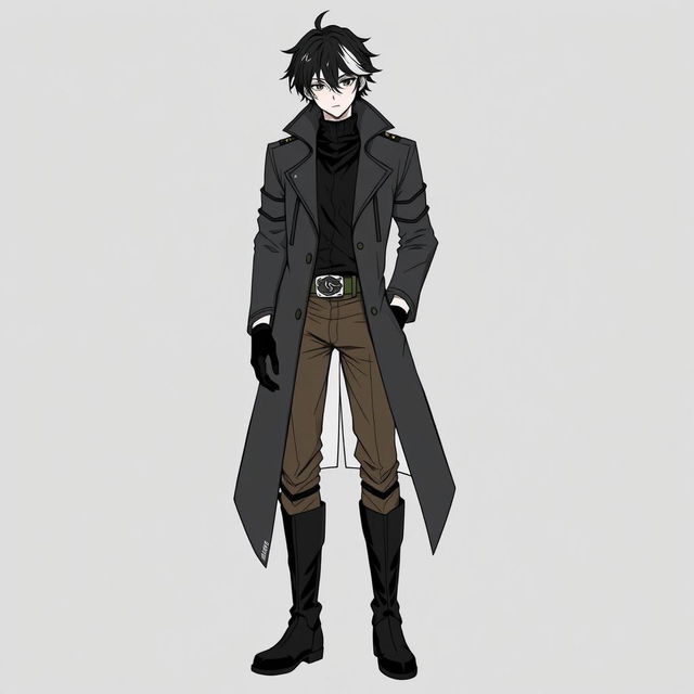 A character depicted in line art, wearing a long dark trench coat with a high collar, layered over a black shirt