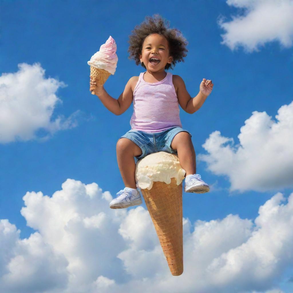 A joyful child gleefully riding a giant, buoyant ice cream cone, soaring high up amidst fluffy clouds in a clear blue sky.