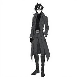 A character depicted in line art, dressed in a long dark trench coat with a high collar over a black shirt