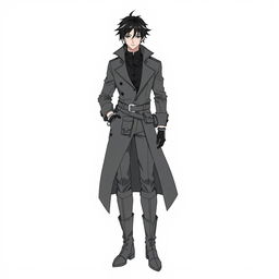 A character depicted in line art, dressed in a long dark trench coat with a high collar over a black shirt