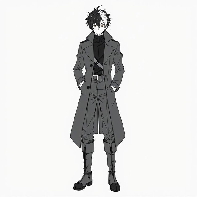 A character depicted in line art, dressed in a long dark trench coat with a high collar over a black shirt