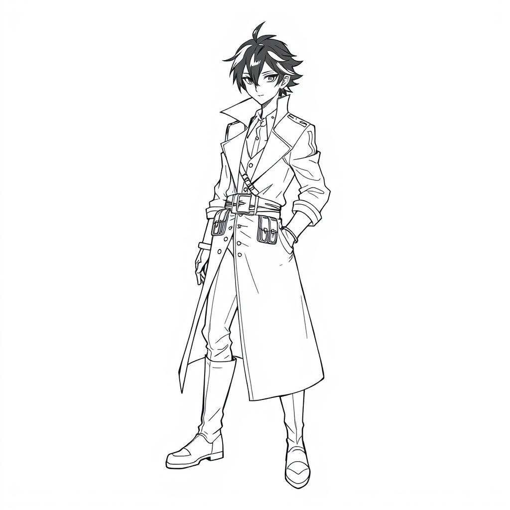 A line art illustration of a character wearing a long trench coat with a high collar, accompanied by a shirt, pants, knee-high boots, and gloves