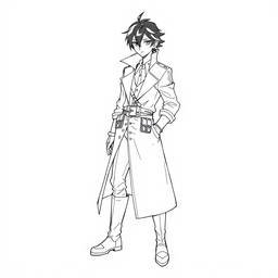 A line art illustration of a character wearing a long trench coat with a high collar, accompanied by a shirt, pants, knee-high boots, and gloves