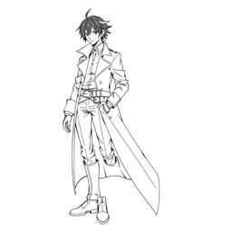 A line art illustration of a character wearing a long trench coat with a high collar, accompanied by a shirt, pants, knee-high boots, and gloves