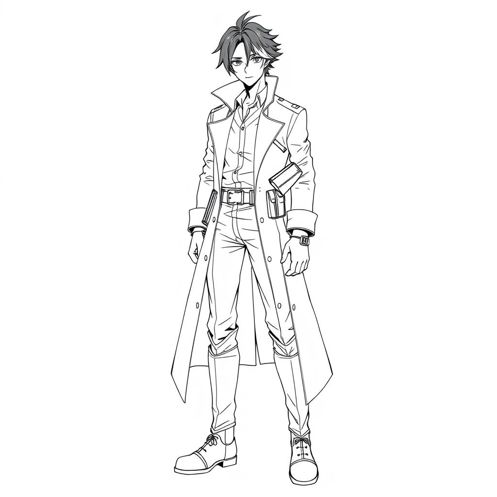 A line art illustration of a character wearing a long trench coat with a high collar, accompanied by a shirt, pants, knee-high boots, and gloves