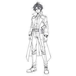 A line art illustration of a character wearing a long trench coat with a high collar, accompanied by a shirt, pants, knee-high boots, and gloves