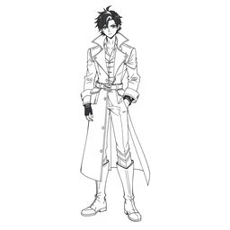 A line art illustration of a character wearing a long trench coat with a high collar, accompanied by a shirt, pants, knee-high boots, and gloves