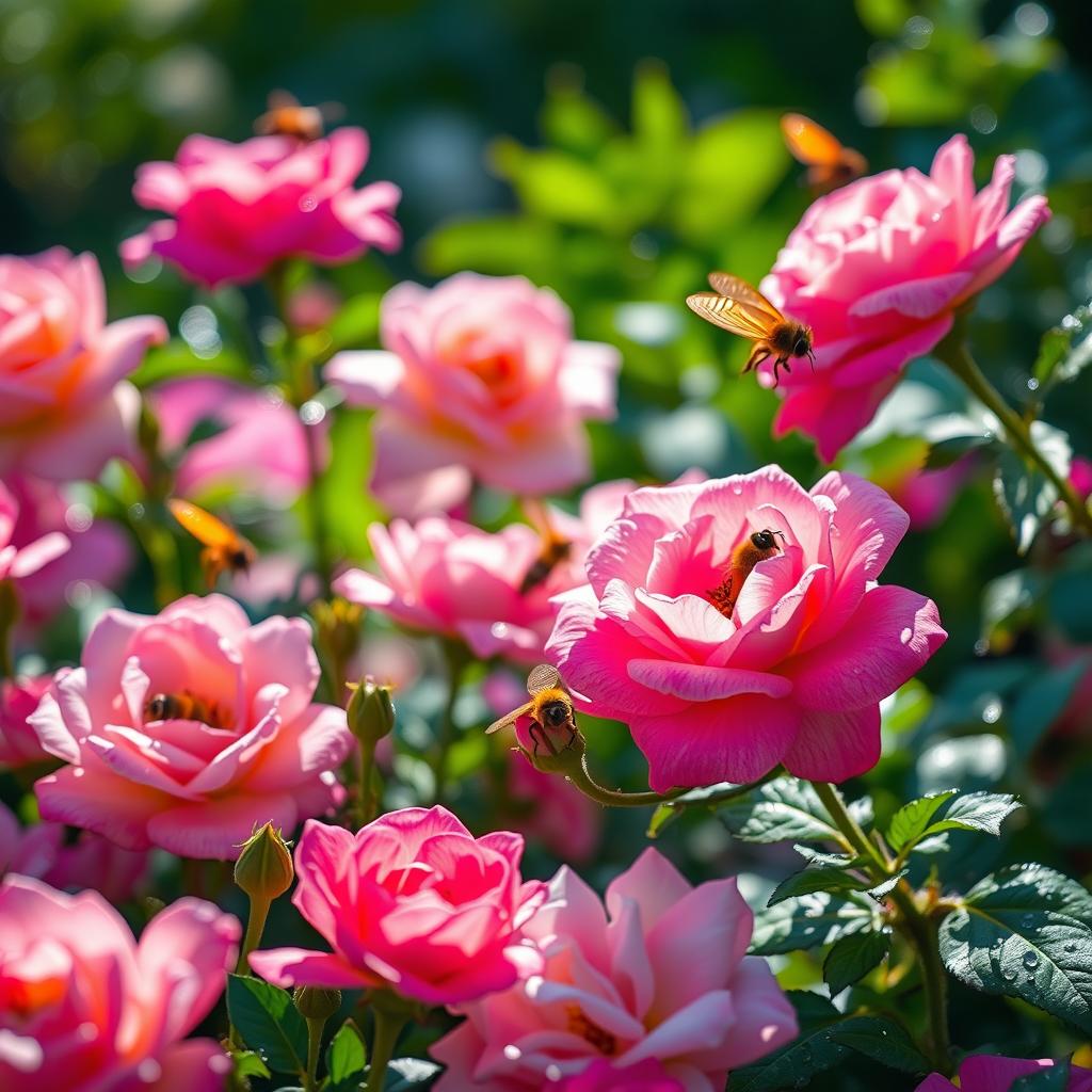 A close-up of a beautifully adorned flower garden, focusing on vibrant, blooming roses, lush greenery, and sparkling dew drops reflecting sunlight