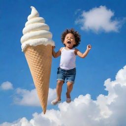 A joyful child gleefully riding a giant, buoyant ice cream cone, soaring high up amidst fluffy clouds in a clear blue sky.