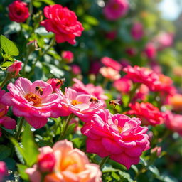 A close-up of a beautifully adorned flower garden, focusing on vibrant, blooming roses, lush greenery, and sparkling dew drops reflecting sunlight