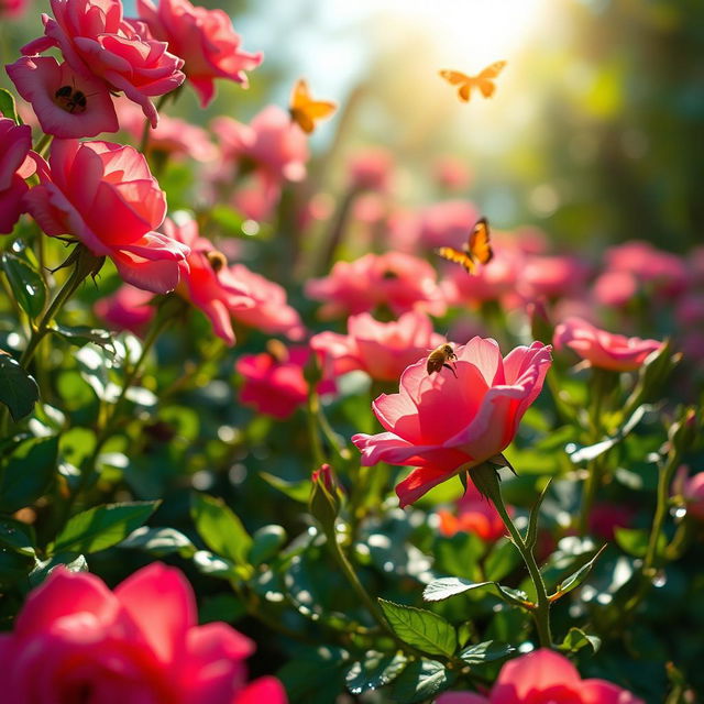 A close-up of a beautifully adorned flower garden, focusing on vibrant, blooming roses, lush greenery, and sparkling dew drops reflecting sunlight