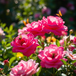 A close-up of a beautifully adorned flower garden, focusing on vibrant, blooming roses, lush greenery, and sparkling dew drops reflecting sunlight