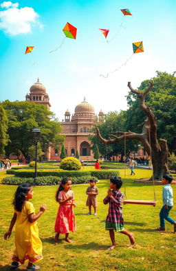 A nostalgic scene depicting childhood memories in Lodhi Colony, Delhi, showcasing children playing traditional games like kites and marbles in a vibrant park surrounded by lush greenery and historic architecture