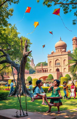 A nostalgic scene depicting childhood memories in Lodhi Colony, Delhi, showcasing children playing traditional games like kites and marbles in a vibrant park surrounded by lush greenery and historic architecture