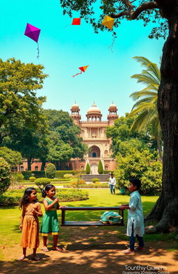 A nostalgic scene depicting childhood memories in Lodhi Colony, Delhi, showcasing children playing traditional games like kites and marbles in a vibrant park surrounded by lush greenery and historic architecture