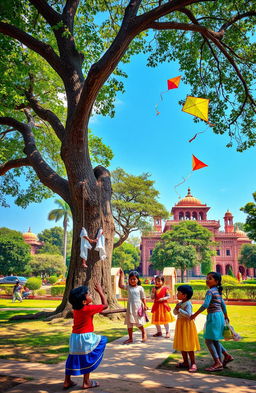 A nostalgic scene depicting childhood memories in Lodhi Colony, Delhi, showcasing children playing traditional games like kites and marbles in a vibrant park surrounded by lush greenery and historic architecture