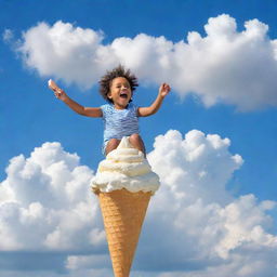 A joyful child gleefully riding a giant, buoyant ice cream cone, soaring high up amidst fluffy clouds in a clear blue sky.